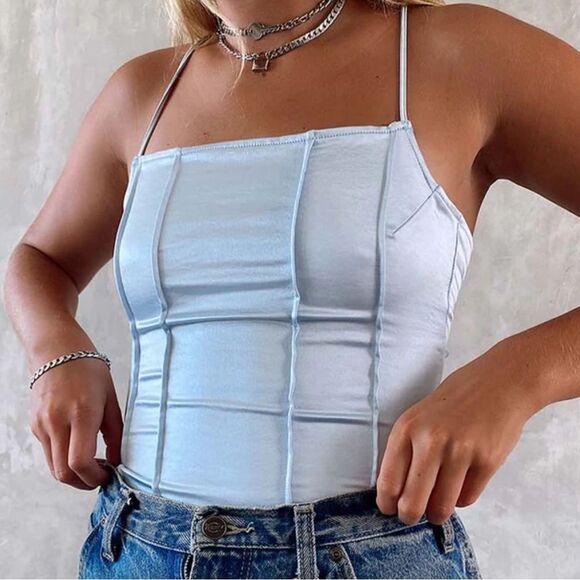 Motel Rocks Tops - NWT Motel Rocks Light Blue Corset Pleated Satin Camisole Powder Blue Cosey Top
